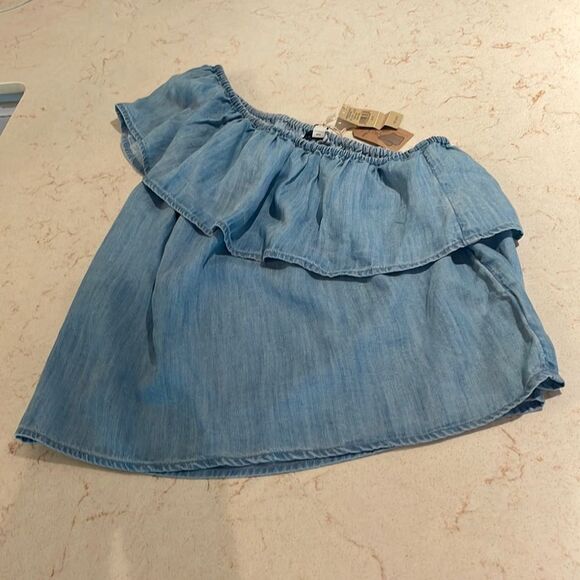 AEO NWT one shoulder denim ruffle chambray top SZ medium - Picture 1 of 5